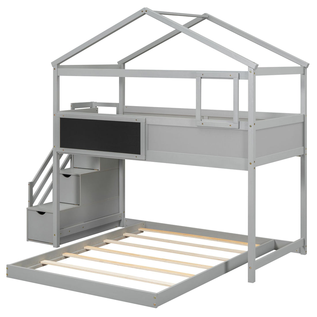 Creative Twin over Full Wood Bunk Bed with Storage Staircase and Blackboard, Gray and White | Just Better Bunk Beds - View 24