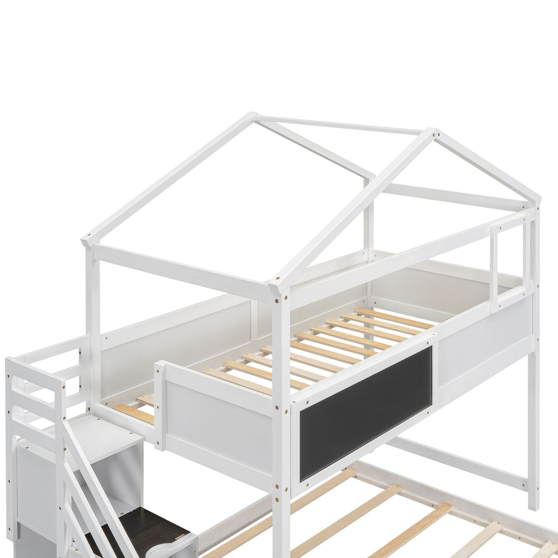 Creative Twin over Full Wood Bunk Bed with Storage Staircase and Blackboard, Gray and White | Just Better Bunk Beds - View 5