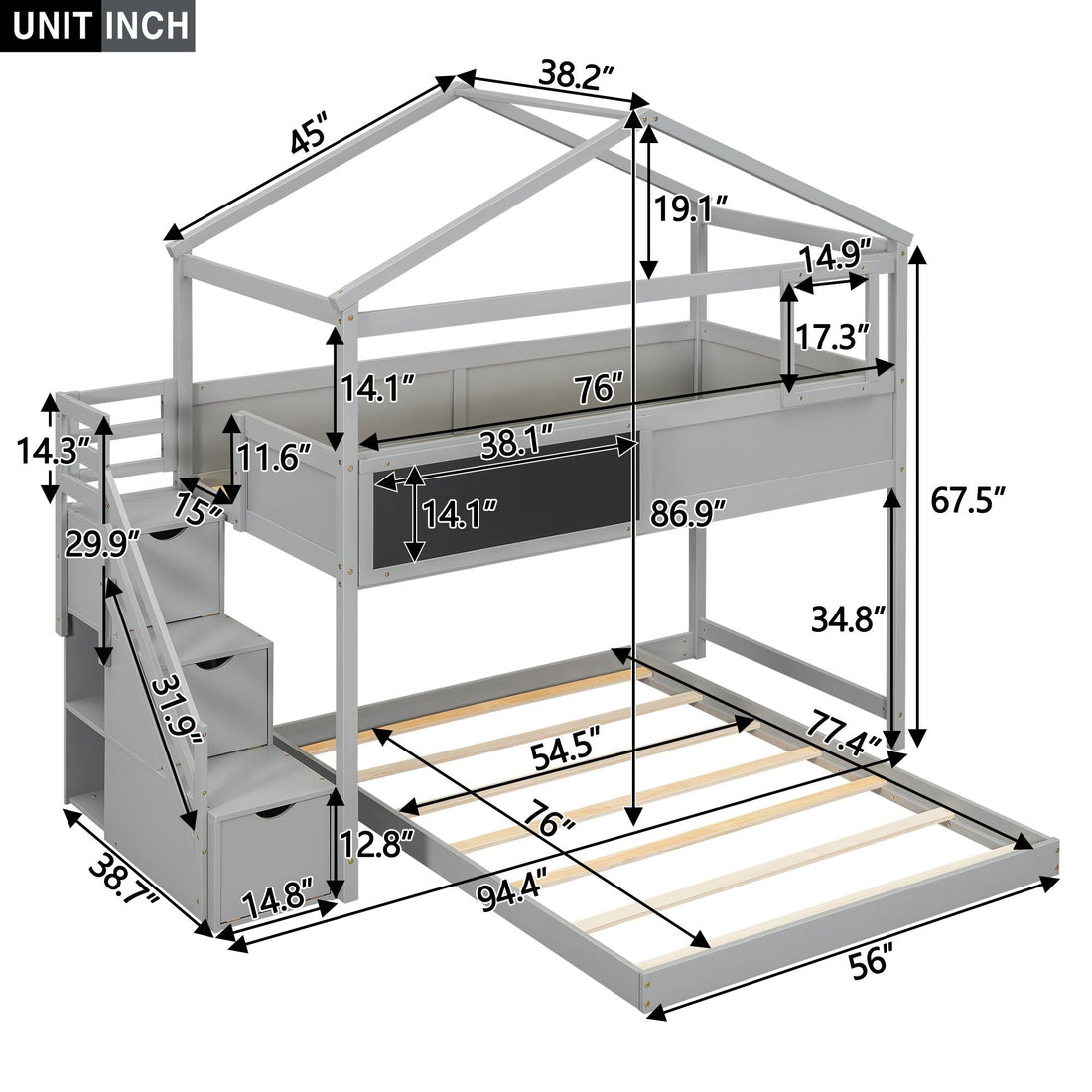Creative Twin over Full Wood Bunk Bed with Storage Staircase and Blackboard, Gray and White | Just Better Bunk Beds - View 40