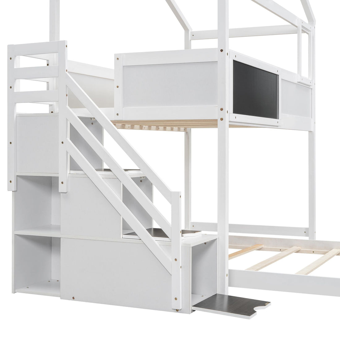 Creative Twin over Full Wood Bunk Bed with Storage Staircase and Blackboard, Gray and White | Just Better Bunk Beds - View 13