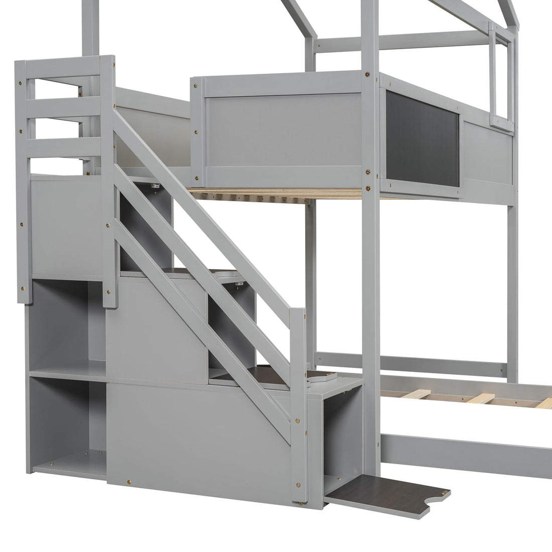 Creative Twin over Full Wood Bunk Bed with Storage Staircase and Blackboard, Gray and White | Just Better Bunk Beds - View 32