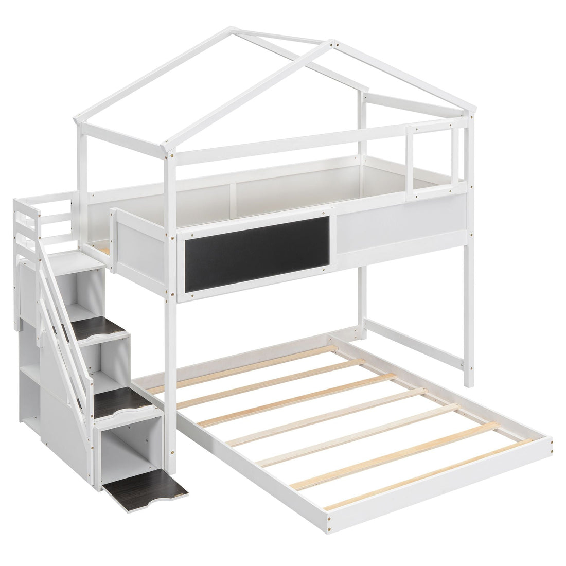 Creative Twin over Full Wood Bunk Bed with Storage Staircase and Blackboard, Gray and White | Just Better Bunk Beds - View 12