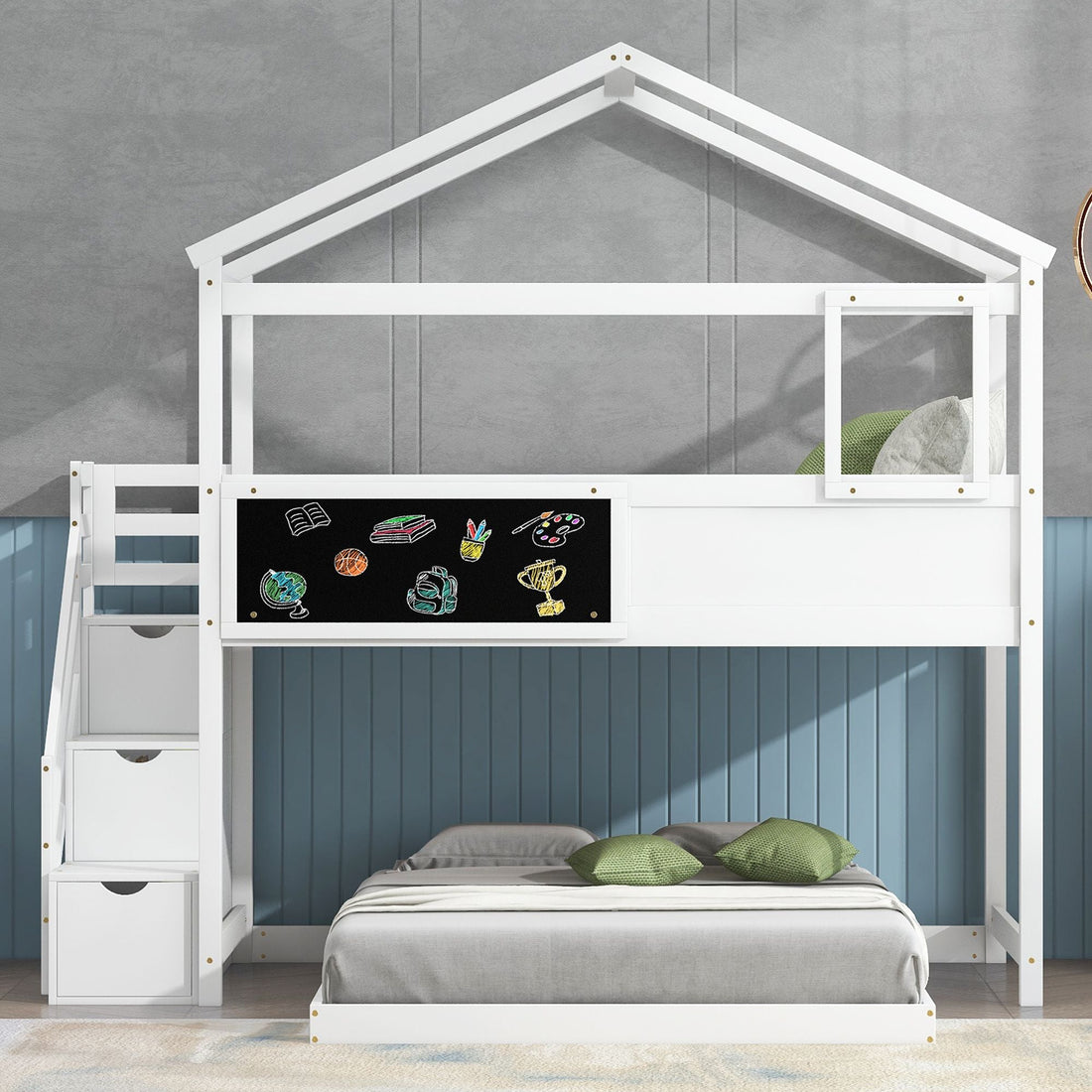 Creative Twin over Full Wood Bunk Bed with Storage Staircase and Blackboard, Gray and White | Just Better Bunk Beds - View 8