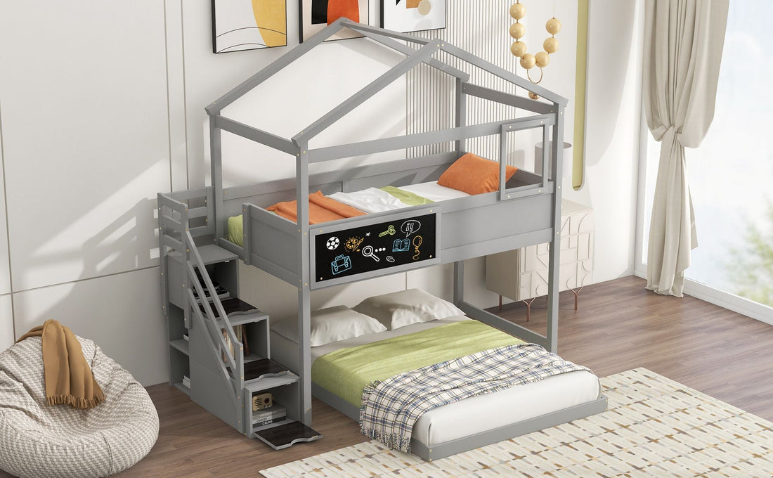 Creative Twin over Full Wood Bunk Bed with Storage Staircase and Blackboard, Gray and White | Just Better Bunk Beds - View 29