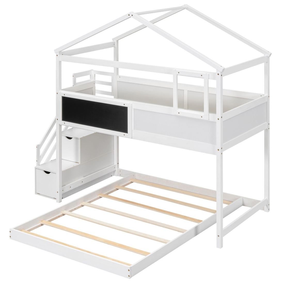 Creative Twin over Full Wood Bunk Bed with Storage Staircase and Blackboard, Gray and White | Just Better Bunk Beds - Detail View