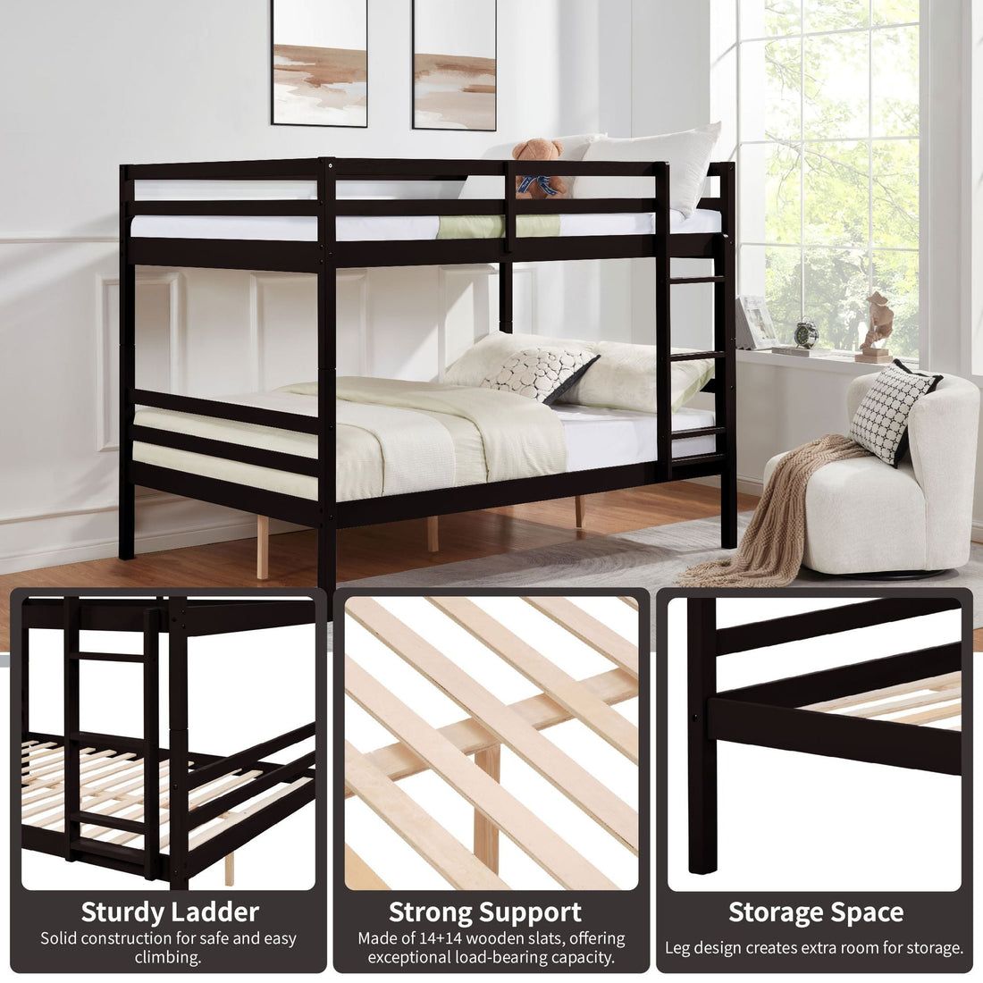 Dorm Room Full Over Full Wood Bunk Bed with Ladder and High Guardrails, Espresso | Just Better Bunk Beds - Assembly View