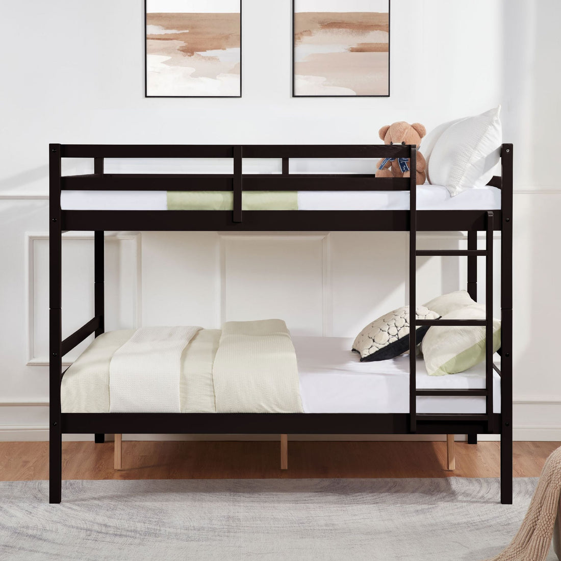 Dorm Room Full Over Full Wood Bunk Bed with Ladder and High Guardrails, Espresso | Just Better Bunk Beds - Detail View