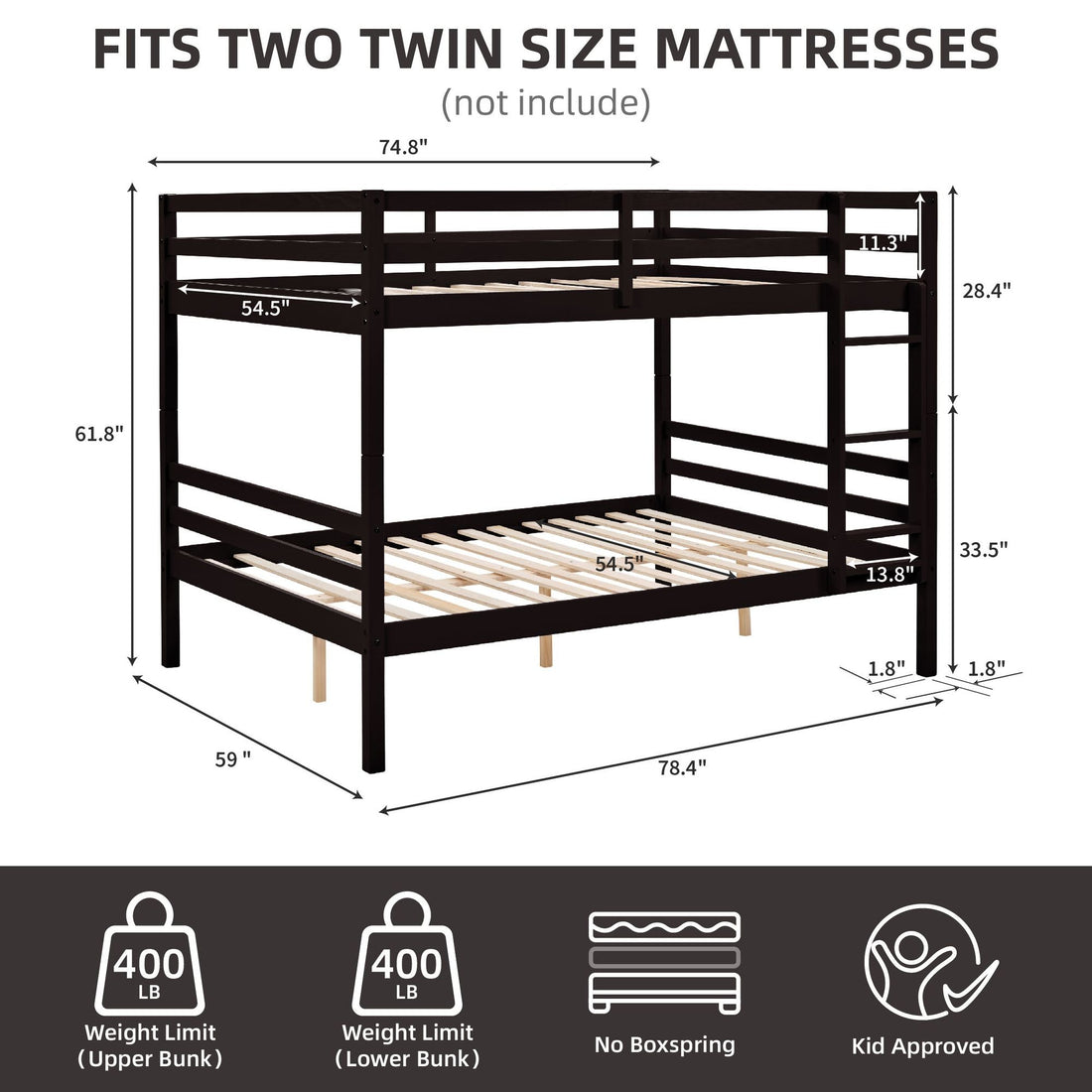 Dorm Room Full Over Full Wood Bunk Bed with Ladder and High Guardrails, Espresso | Just Better Bunk Beds - View 5