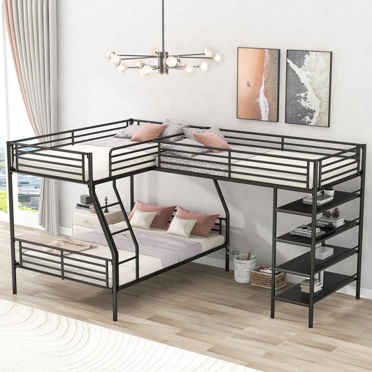 L-Shaped Metal Twin over Full Bunk Bed and Twin Size Loft Bed with Four Built-in Shelves | Just Better Bunk Beds