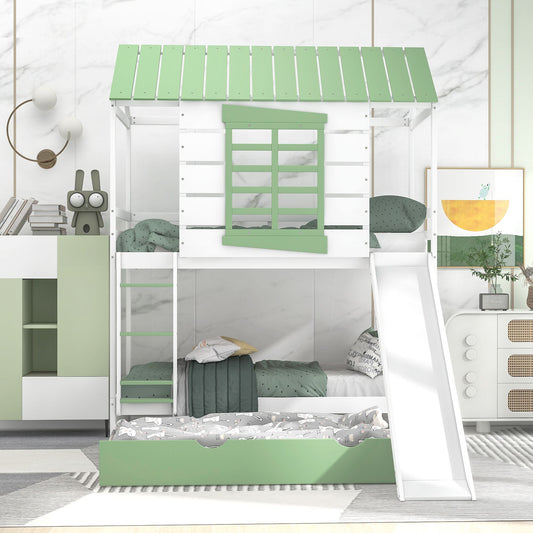 Twin over Twin Size House Bunk Bed with Convertible Slide and Trundle | Just Better Bunk Beds