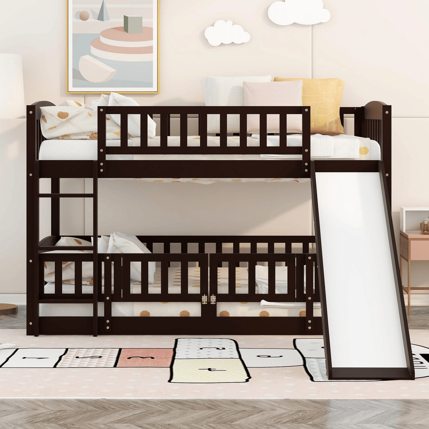 Bunk Bed with Slide; Twin Over Twin Low Bunk Bed with Fence and Ladder for Toddler Kids Teens | Just Better Bunk Beds
