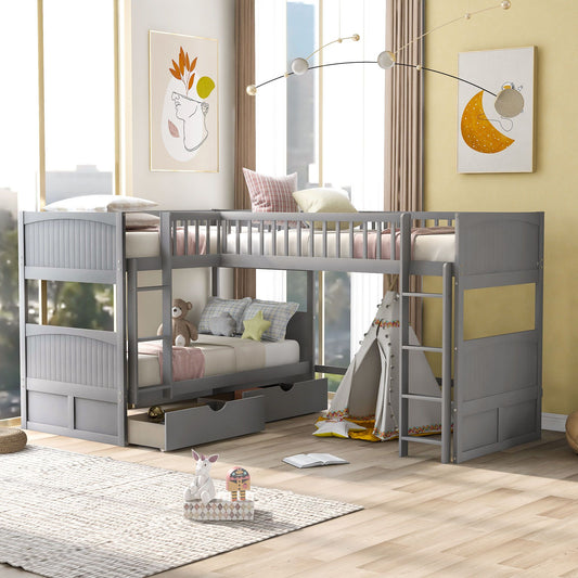 Twin Size Bunk Bed with a Loft Bed attached, with Two Drawers,Gray | Just Better Bunk Beds