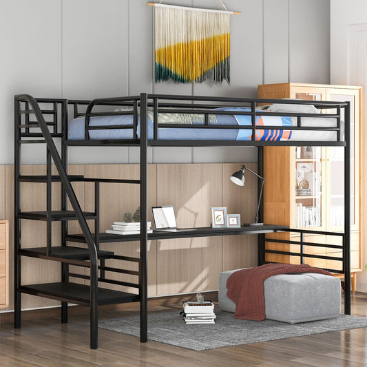 Metal Loft Bed Frame with Desk;  No Box Spring Needed; Twin | Just Better Bunk Beds