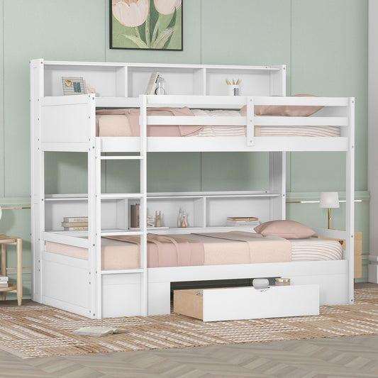 Twin Size Bunk Bed with Built-in Shelves Beside both Upper and Down Bed and Storage Drawe | Just Better Bunk Beds