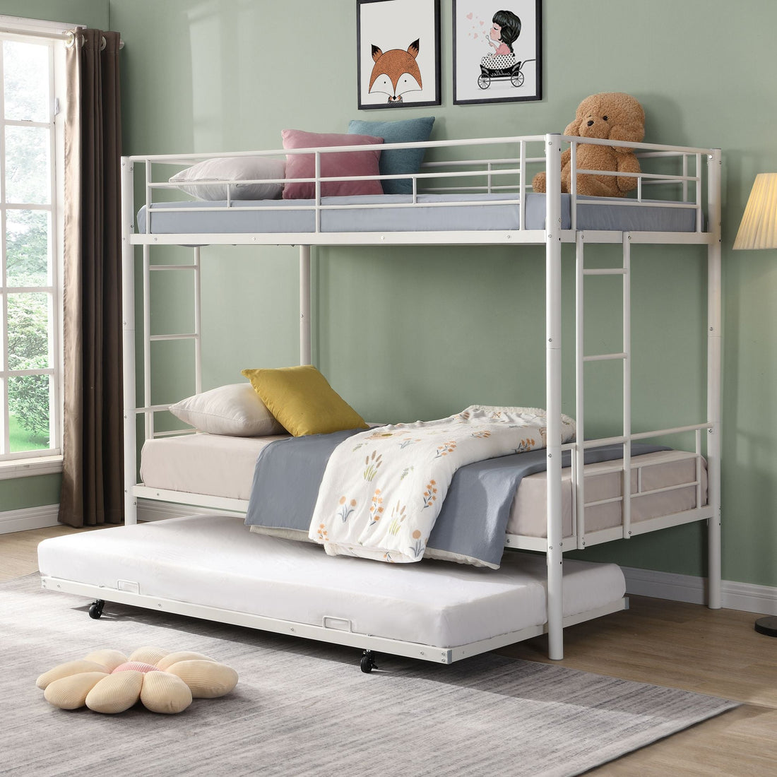 Extra Sleeping Space Twin Over Twin Metal Bunk Bed with Trundle in White for Kids Rooms | Just Better Bunk Beds - Front View