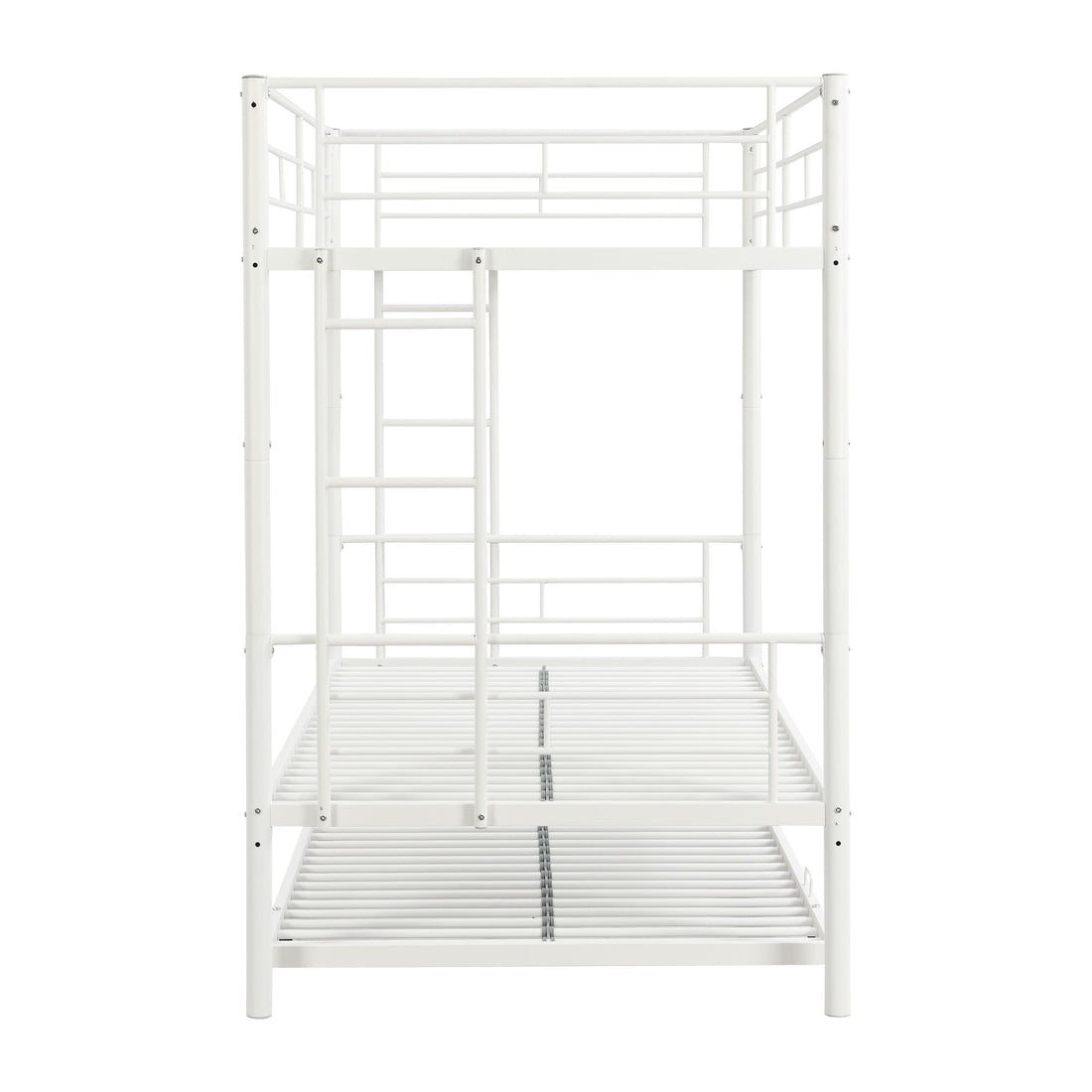 Extra Sleeping Space Twin Over Twin Metal Bunk Bed with Trundle in White for Kids Rooms | Just Better Bunk Beds - Side View
