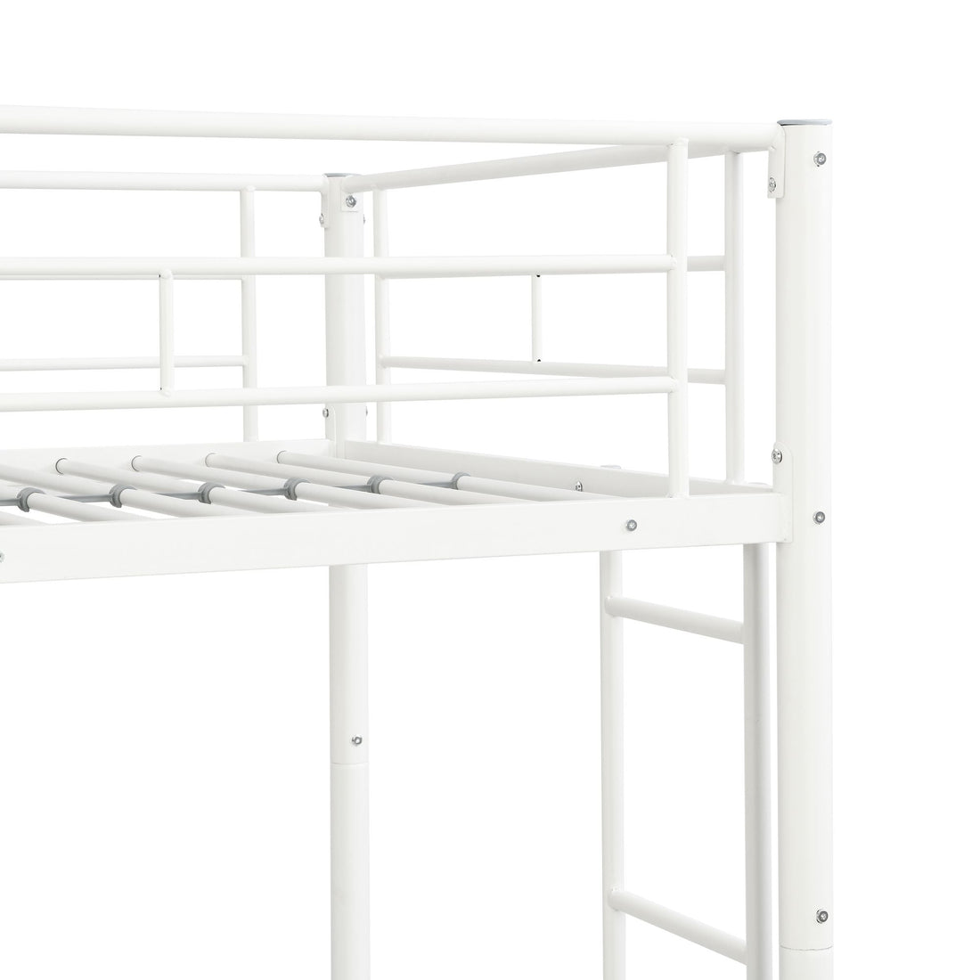 Extra Sleeping Space Twin Over Twin Metal Bunk Bed with Trundle in White for Kids Rooms | Just Better Bunk Beds - Detail View