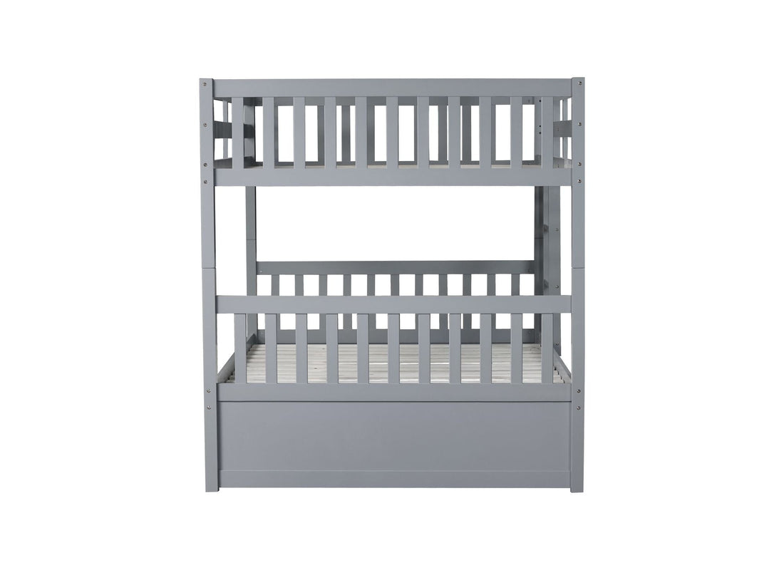 Family-Friendly Full Over Full Wood Bunk Bed with Twin Trundle, Ladder, Guardrails, Gray | Just Better Bunk Beds - Front View