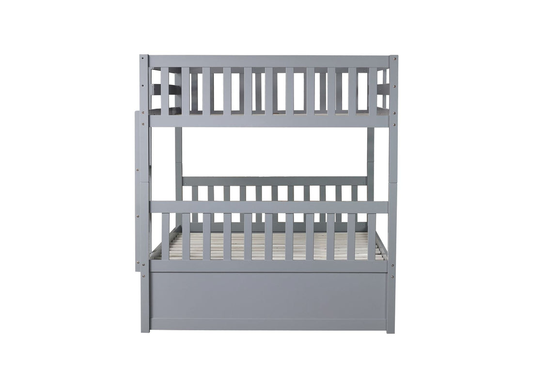 Family-Friendly Full Over Full Wood Bunk Bed with Twin Trundle, Ladder, Guardrails, Gray | Just Better Bunk Beds - Side View