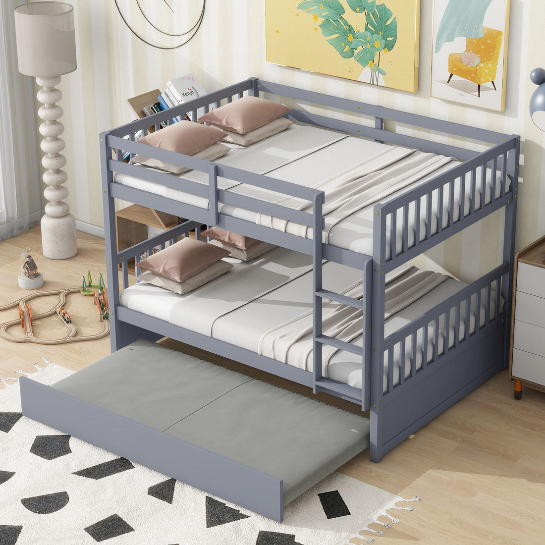 Family-Friendly Full Over Full Wood Bunk Bed with Twin Trundle, Ladder, Guardrails, Gray | Just Better Bunk Beds - View 5