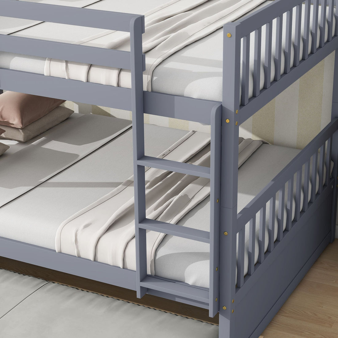 Family-Friendly Full Over Full Wood Bunk Bed with Twin Trundle, Ladder, Guardrails, Gray | Just Better Bunk Beds - View 7
