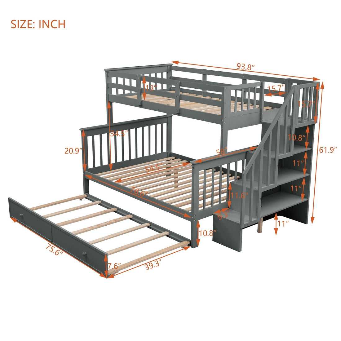 Family-Friendly Twin-Over-Full Wood Bunk Bed with Twin Trundle, Stairway Storage, Gray or White | Just Better Bunk Beds - View 7