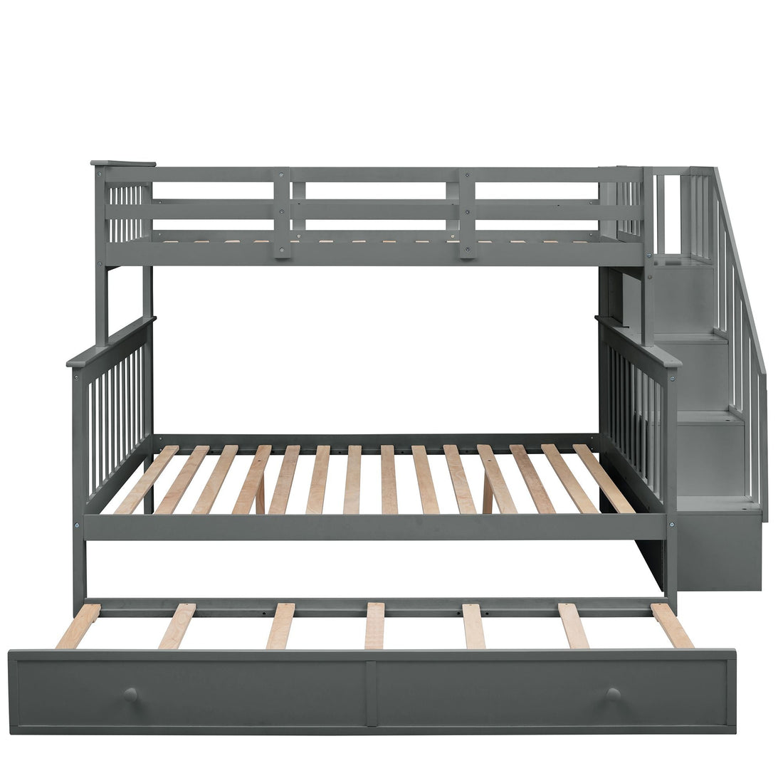 Family-Friendly Twin-Over-Full Wood Bunk Bed with Twin Trundle, Stairway Storage, Gray or White | Just Better Bunk Beds - Detail View