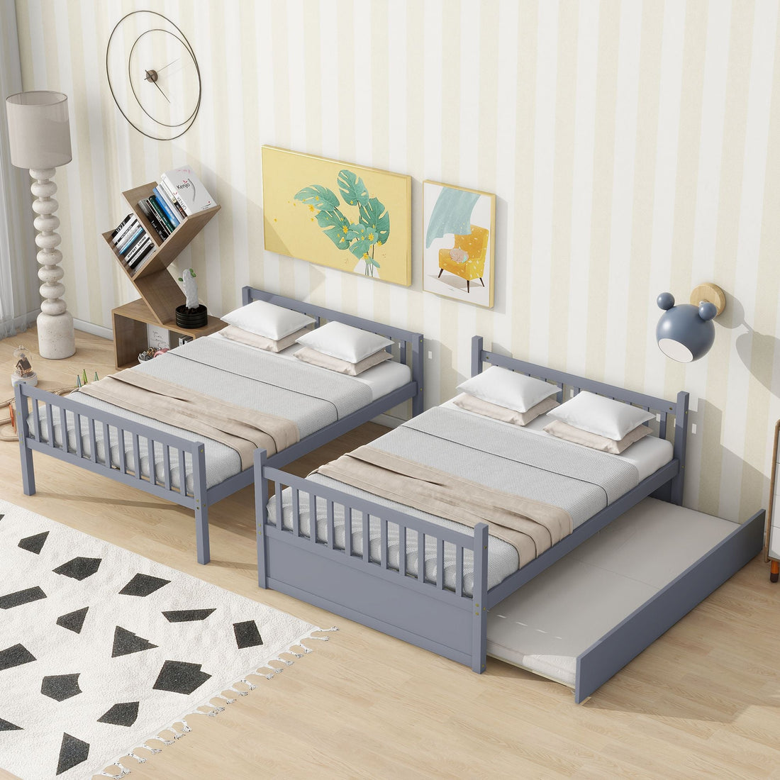 Flexible Full Over Full Wood Bunk Bed with Twin Trundle and Ladder, Grey | Just Better Bunk Beds - View 8