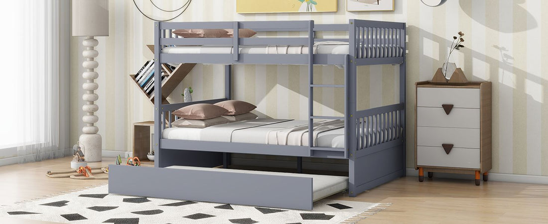 Flexible Full Over Full Wood Bunk Bed with Twin Trundle and Ladder, Grey | Just Better Bunk Beds - View 10