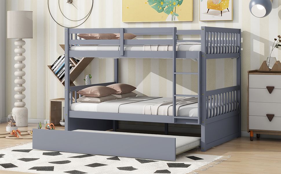 Flexible Full Over Full Wood Bunk Bed with Twin Trundle and Ladder, Grey | Just Better Bunk Beds - View 9