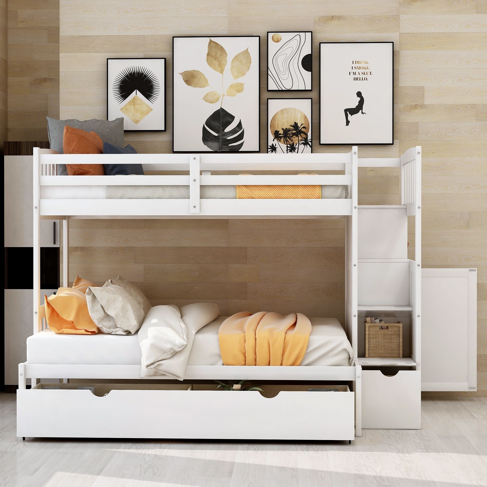 Flexible Twin over Full Convertible Wood Bunk Bed with Storage Shelves and Drawers White | Just Better Bunk Beds - Front View