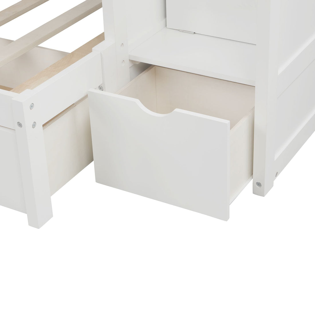 Flexible Twin over Full Convertible Wood Bunk Bed with Storage Shelves and Drawers White | Just Better Bunk Beds - View 6