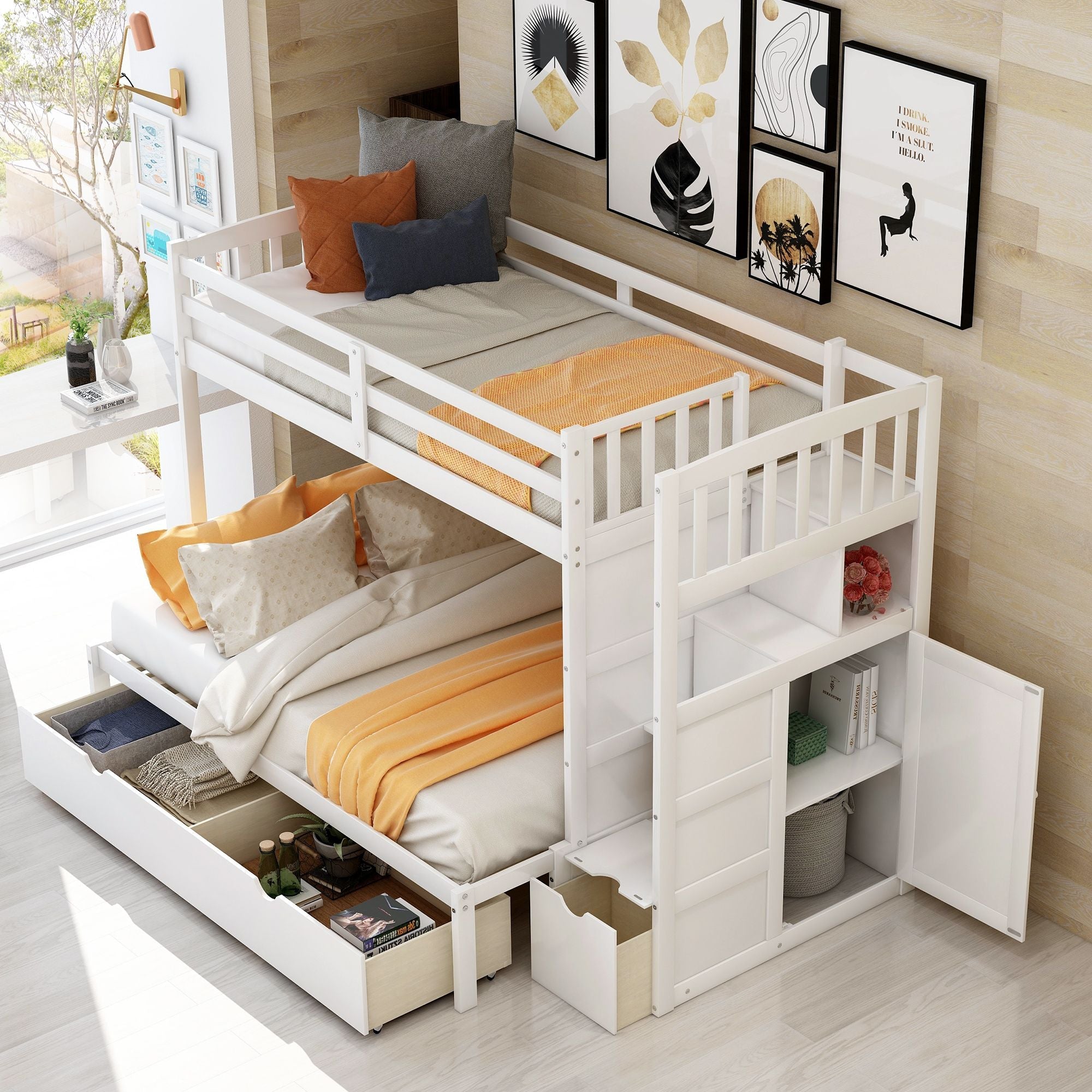 Flexible Twin over Full Convertible Wood Bunk Bed with Storage Shelves and Drawers White | Just Better Bunk Beds - Side View