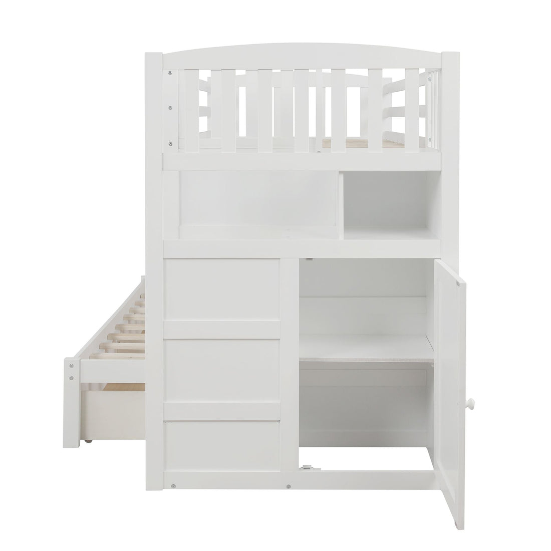 Flexible Twin over Full Convertible Wood Bunk Bed with Storage Shelves and Drawers White | Just Better Bunk Beds - View 7