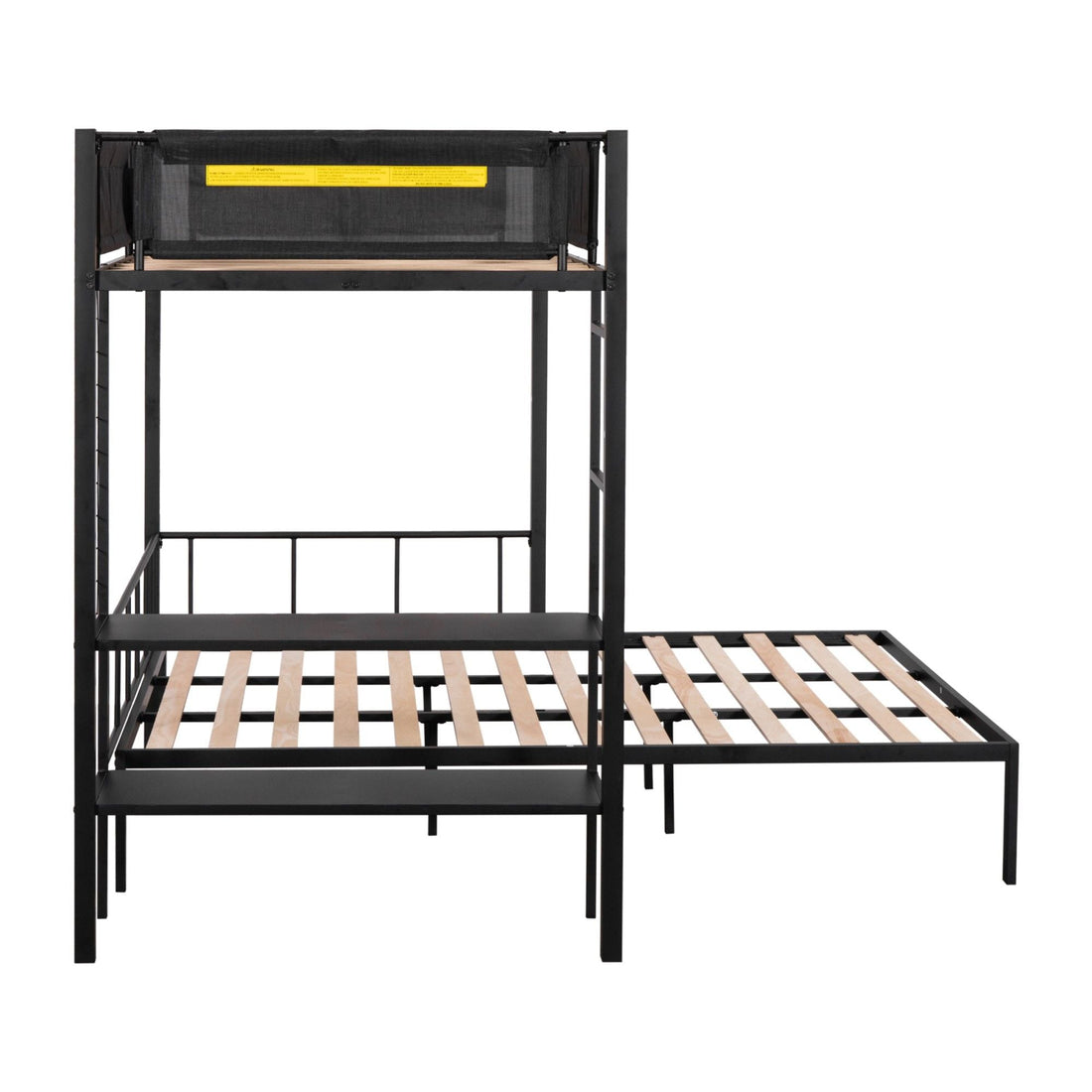 Flexible Twin Over Full Metal Bunk Bed with Shelves, Wood Slats, and Textilene Guardrail in Black | Just Better Bunk Beds - Assembly View