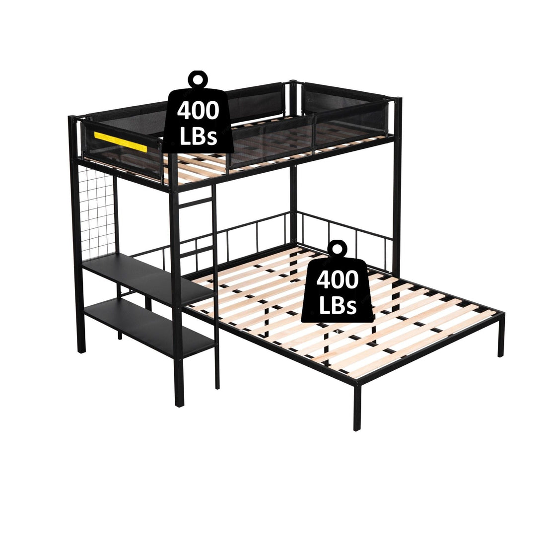 Flexible Twin Over Full Metal Bunk Bed with Shelves, Wood Slats, and Textilene Guardrail in Black | Just Better Bunk Beds - View 16
