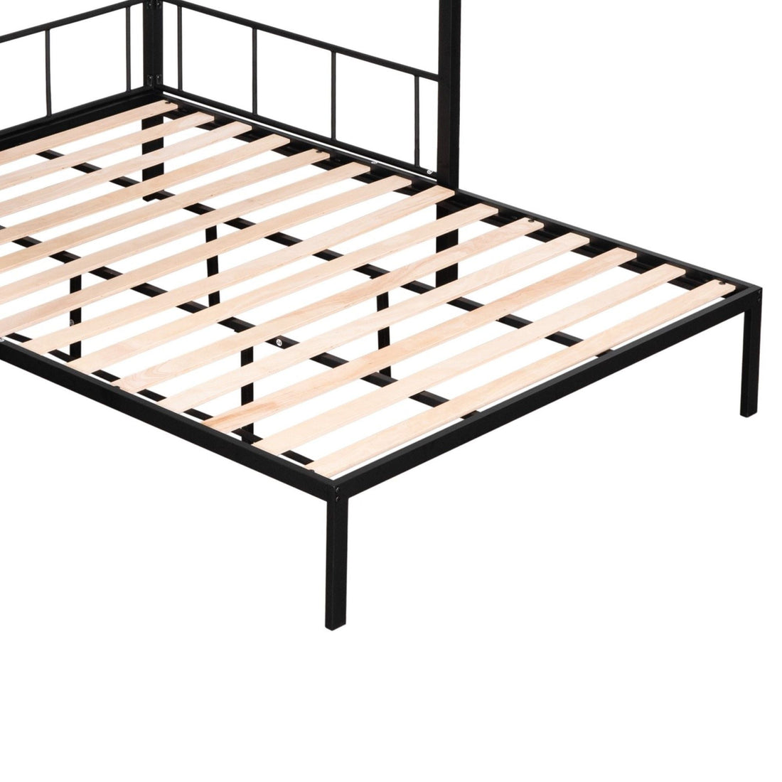 Flexible Twin Over Full Metal Bunk Bed with Shelves, Wood Slats, and Textilene Guardrail in Black | Just Better Bunk Beds - View 8