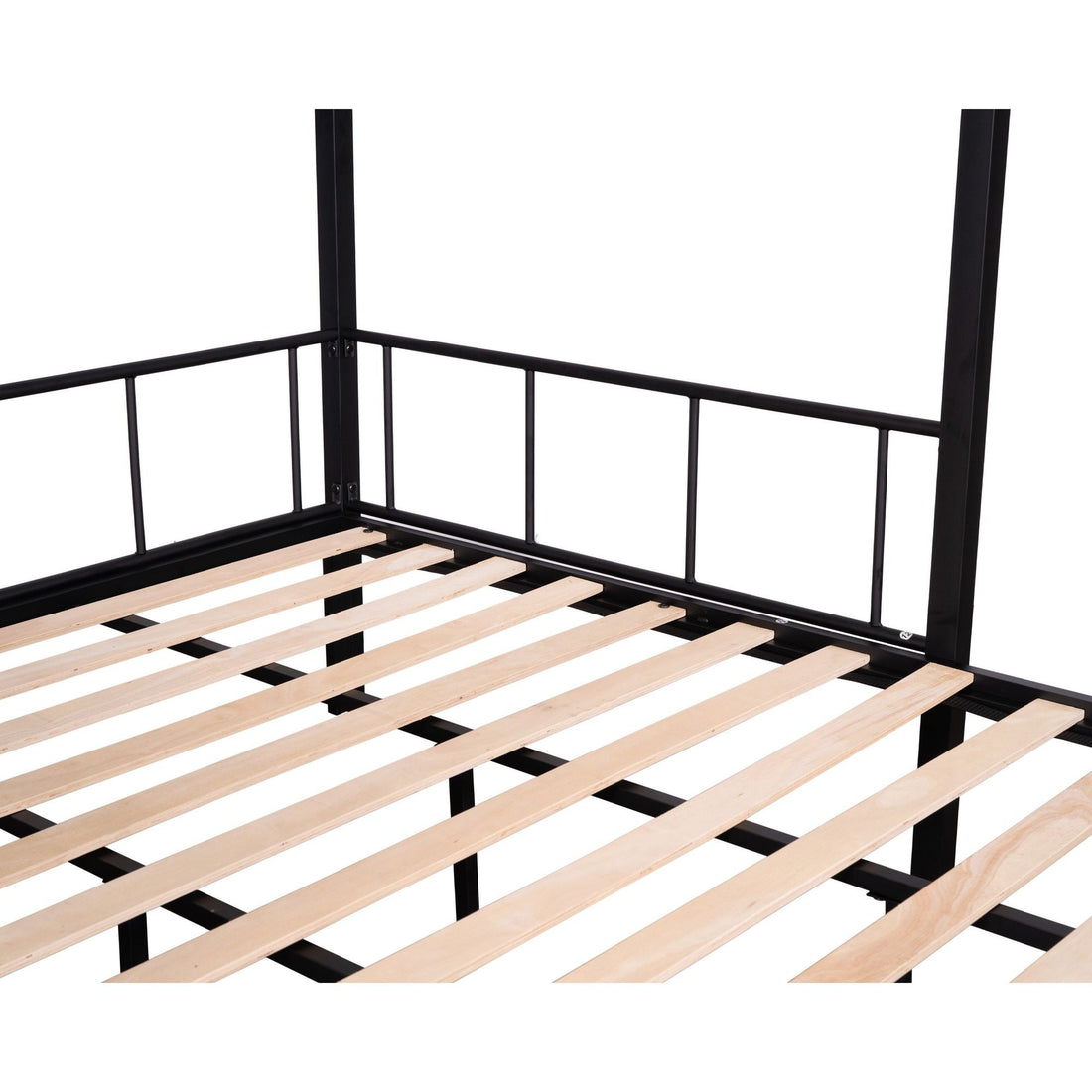 Flexible Twin Over Full Metal Bunk Bed with Shelves, Wood Slats, and Textilene Guardrail in Black | Just Better Bunk Beds - View 13