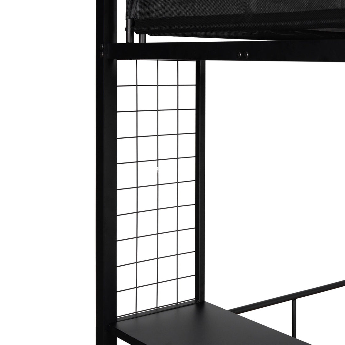 Flexible Twin Over Full Metal Bunk Bed with Shelves, Wood Slats, and Textilene Guardrail in Black | Just Better Bunk Beds - View 12