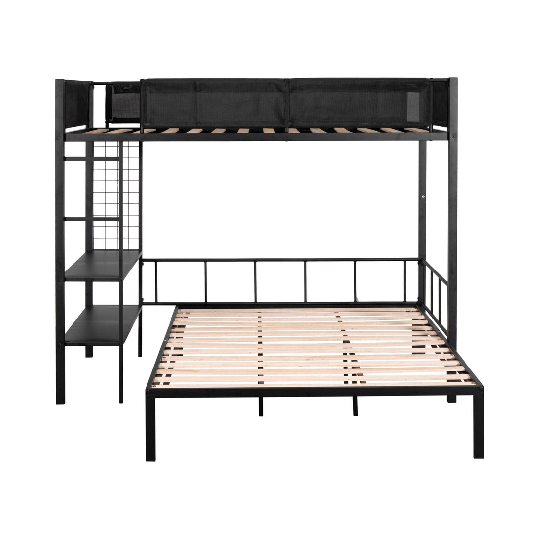 Flexible Twin Over Full Metal Bunk Bed with Shelves, Wood Slats, and Textilene Guardrail in Black | Just Better Bunk Beds - Detail View
