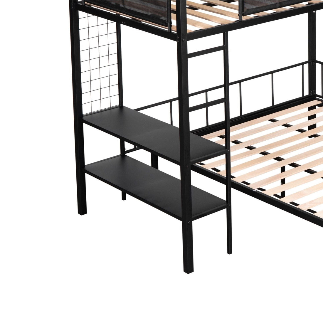 Flexible Twin Over Full Metal Bunk Bed with Shelves, Wood Slats, and Textilene Guardrail in Black | Just Better Bunk Beds - View 7