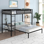 Flexible Twin Over Full Metal Bunk Bed with Shelves, Wood Slats, and Textilene Guardrail in Black | Just Better Bunk Beds - Side View