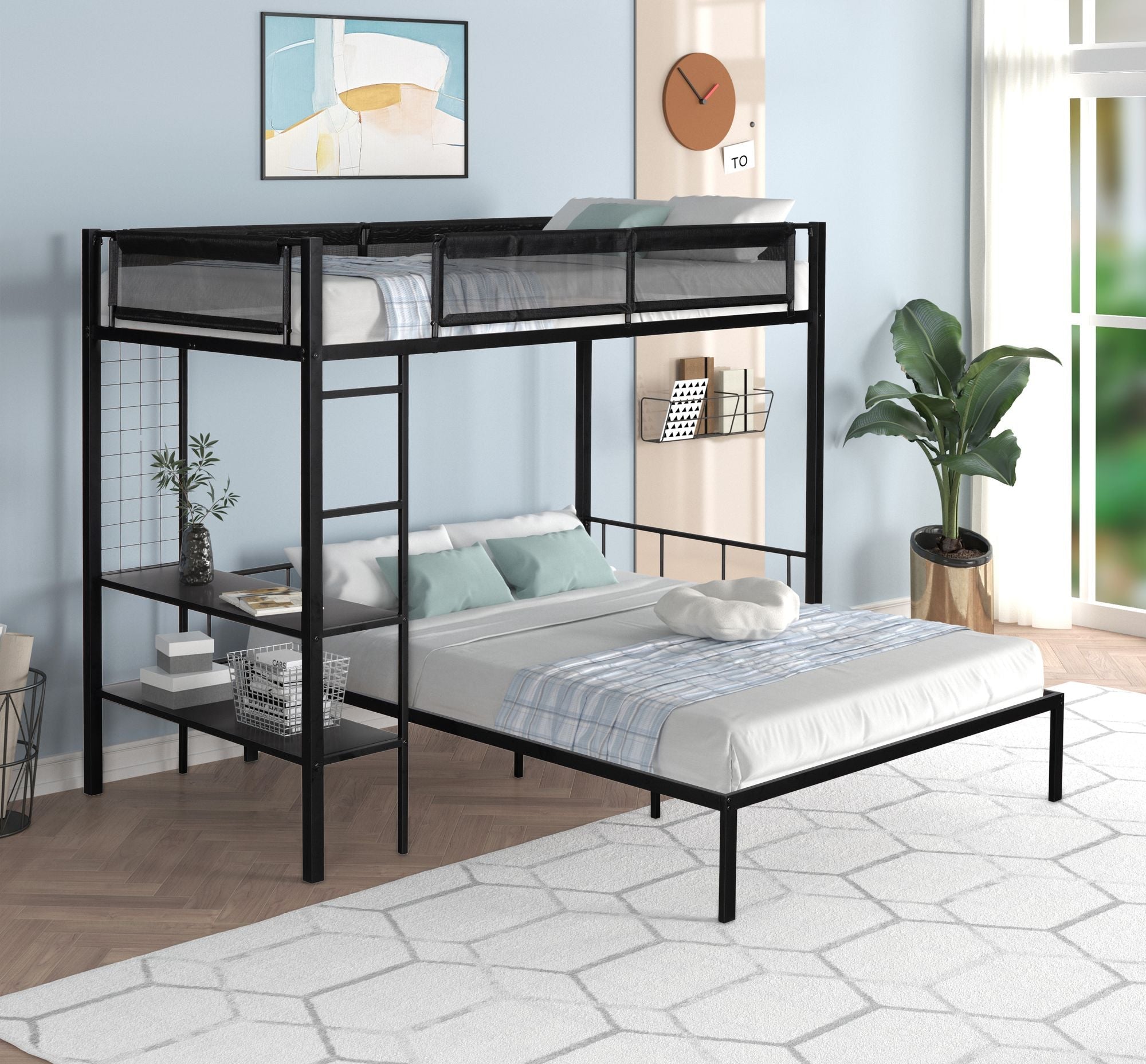 Flexible Twin Over Full Metal Bunk Bed with Shelves, Wood Slats, and Textilene Guardrail in Black | Just Better Bunk Beds - Side View