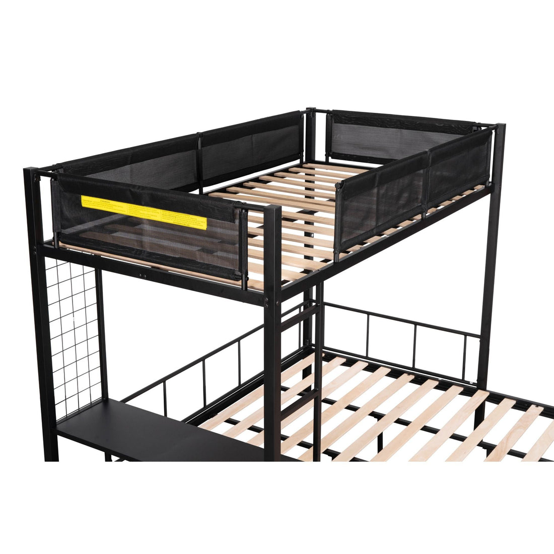 Flexible Twin Over Full Metal Bunk Bed with Shelves, Wood Slats, and Textilene Guardrail in Black | Just Better Bunk Beds - View 10