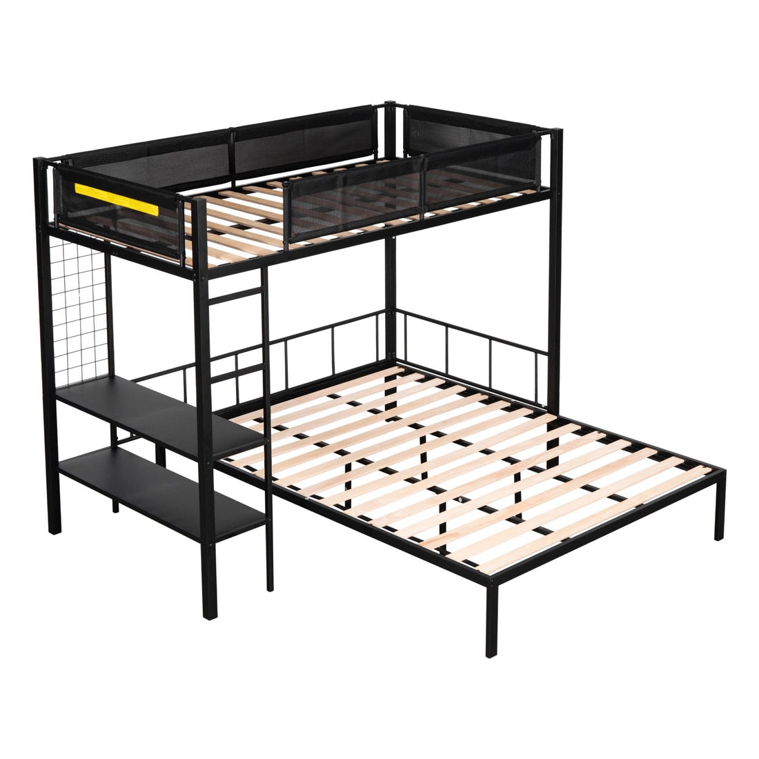 Flexible Twin Over Full Metal Bunk Bed with Shelves, Wood Slats, and Textilene Guardrail in Black | Just Better Bunk Beds - View 6