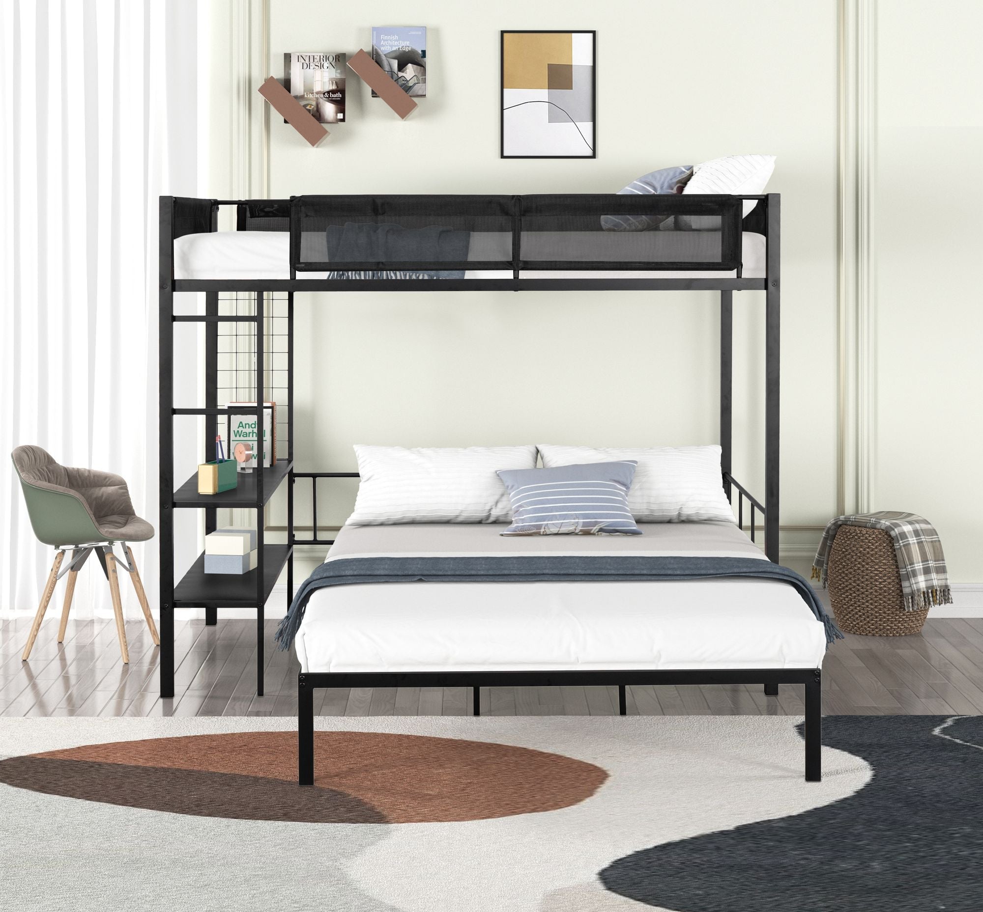 Flexible Twin Over Full Metal Bunk Bed with Shelves, Wood Slats, and Textilene Guardrail in Black | Just Better Bunk Beds - Front View