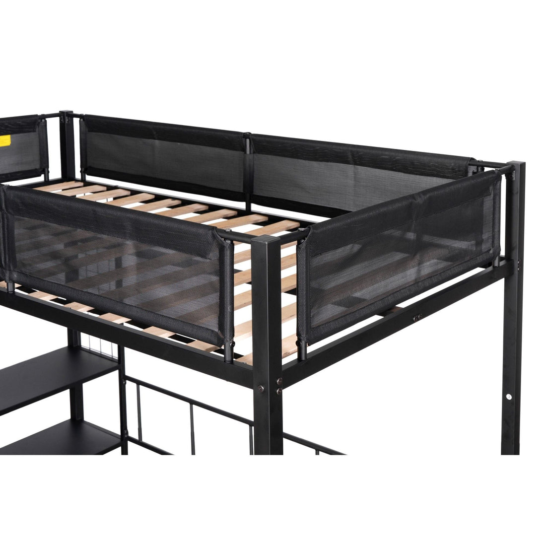 Flexible Twin Over Full Metal Bunk Bed with Shelves, Wood Slats, and Textilene Guardrail in Black | Just Better Bunk Beds - View 11