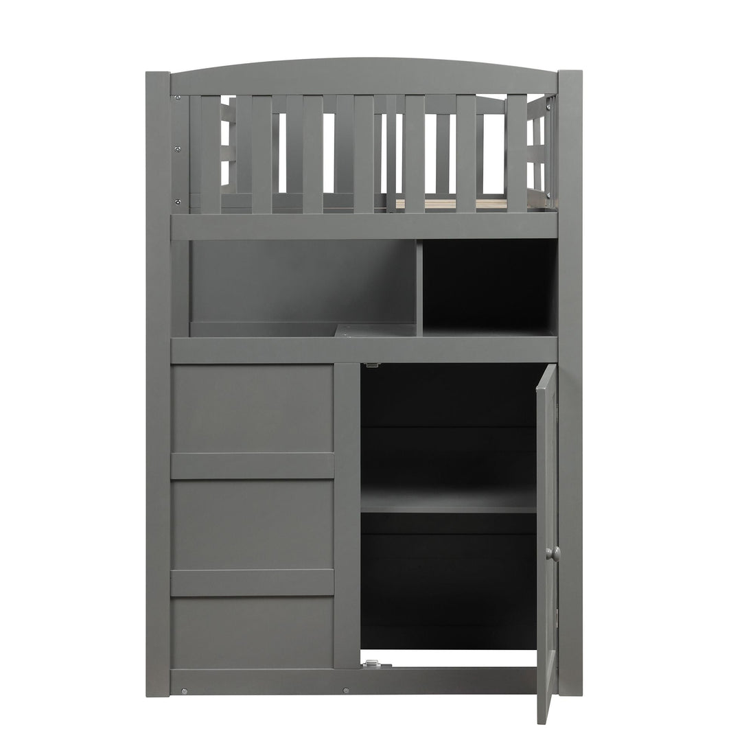 Flexible Twin Over Full/Twin Wood Bunk Bed with Storage Shelves and Drawers, Gray | Just Better Bunk Beds - View 15