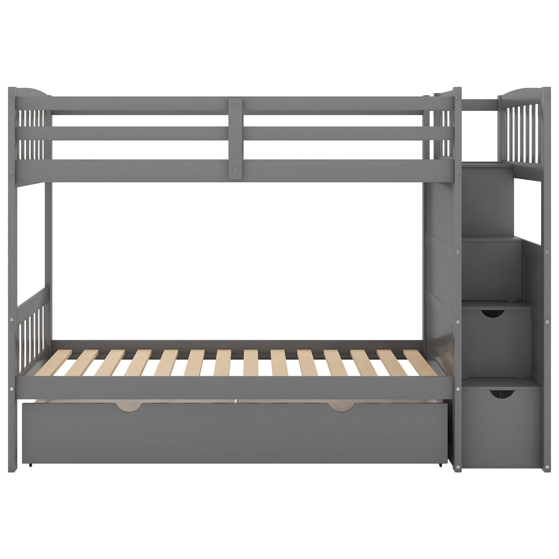 Flexible Twin Over Full/Twin Wood Bunk Bed with Storage Shelves and Drawers, Gray | Just Better Bunk Beds - View 5