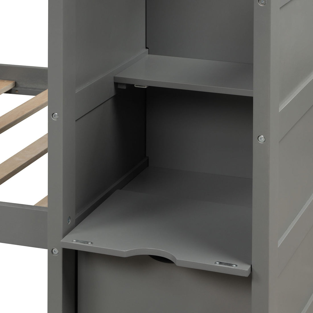 Flexible Twin Over Full/Twin Wood Bunk Bed with Storage Shelves and Drawers, Gray | Just Better Bunk Beds - View 6